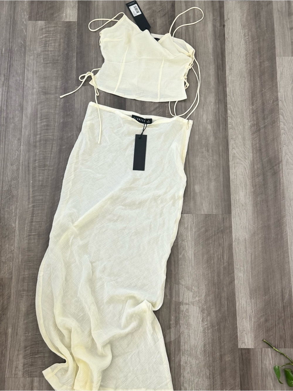 Lioness Butter Yellow Two-Piece Mesh Crop Top and Maxi Skirt Set - Picture 2 of 8